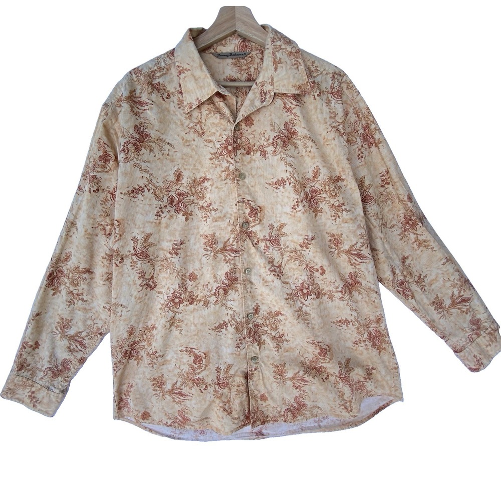 Tommy Bahama Button Up Shirt Womens XL Tan Floral Silk Blend Coastal Tropical